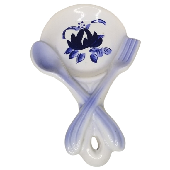 Spoon Rest White Blue Floral 7.5" Markings T-278 - Picture 1 of 4